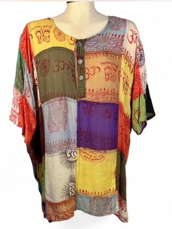 Earthbound Trading Co Tops - Patchwork Boho Henley Tunic in Multicolor